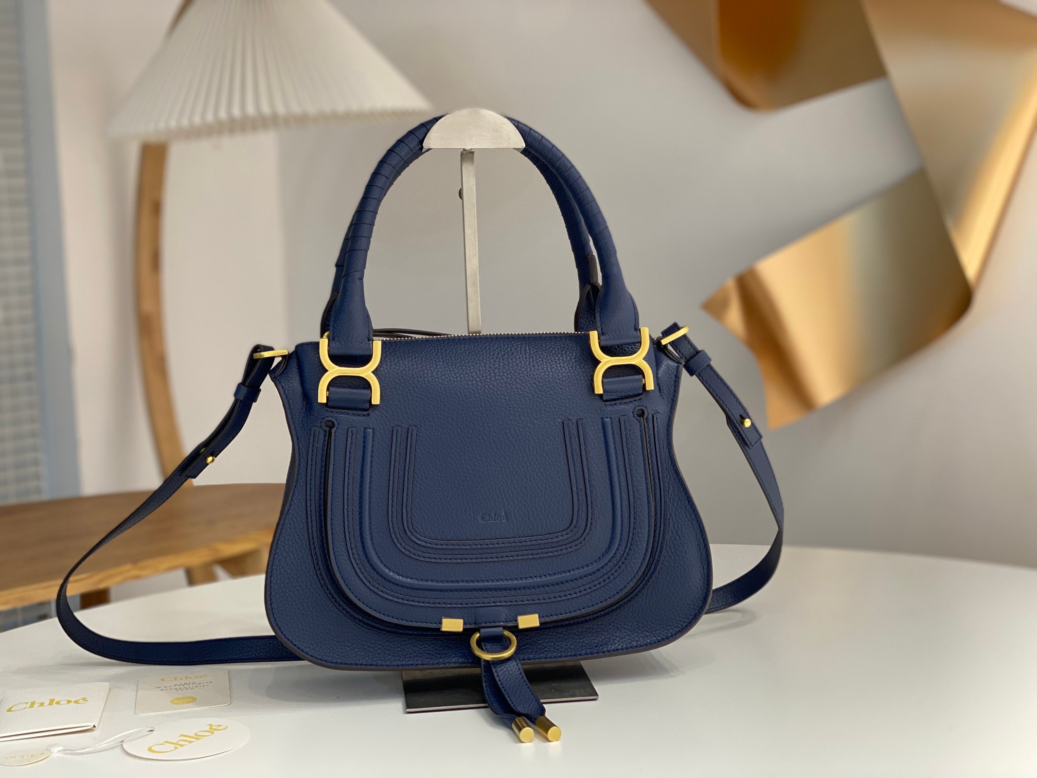 Chloe Small Marcie Bag In Navy Grained Leather